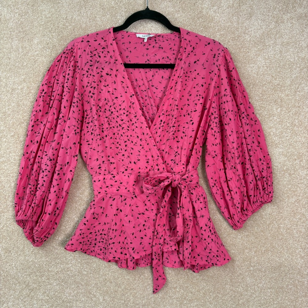 GANNI Barra Wrap Top Size 36 Women's US 4 Pink Barra Crepe Floral Peplum Blouse